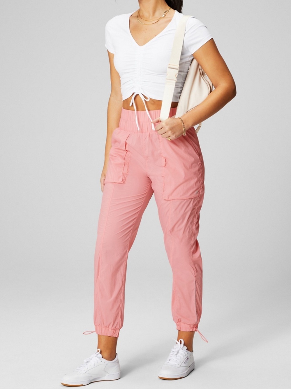 NWT Bundle - Fabletics Matching Set - White Ruched Top & Peach Cargo Joggers